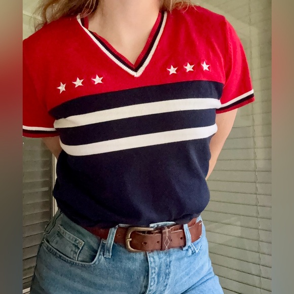 Vintage shortsleeved USA red white & blue sweater - Picture 1 of 7